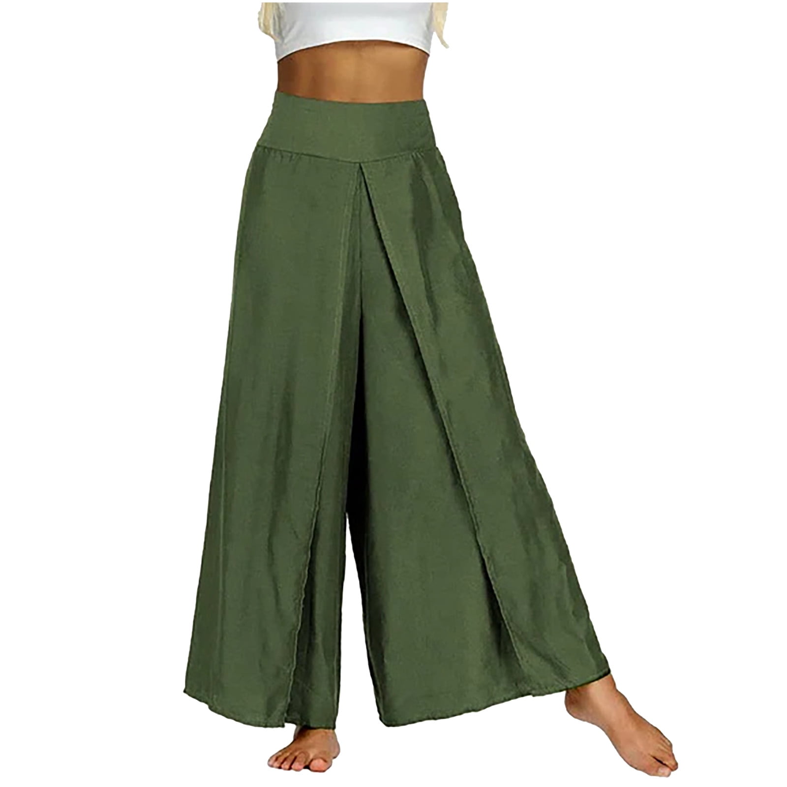 KINPLE Women Split Hem Palazzo Trousers Cotton Linen Smocked Back High  Waist Wide Leg Pants Summer Casual Flowy Yoga Pants 