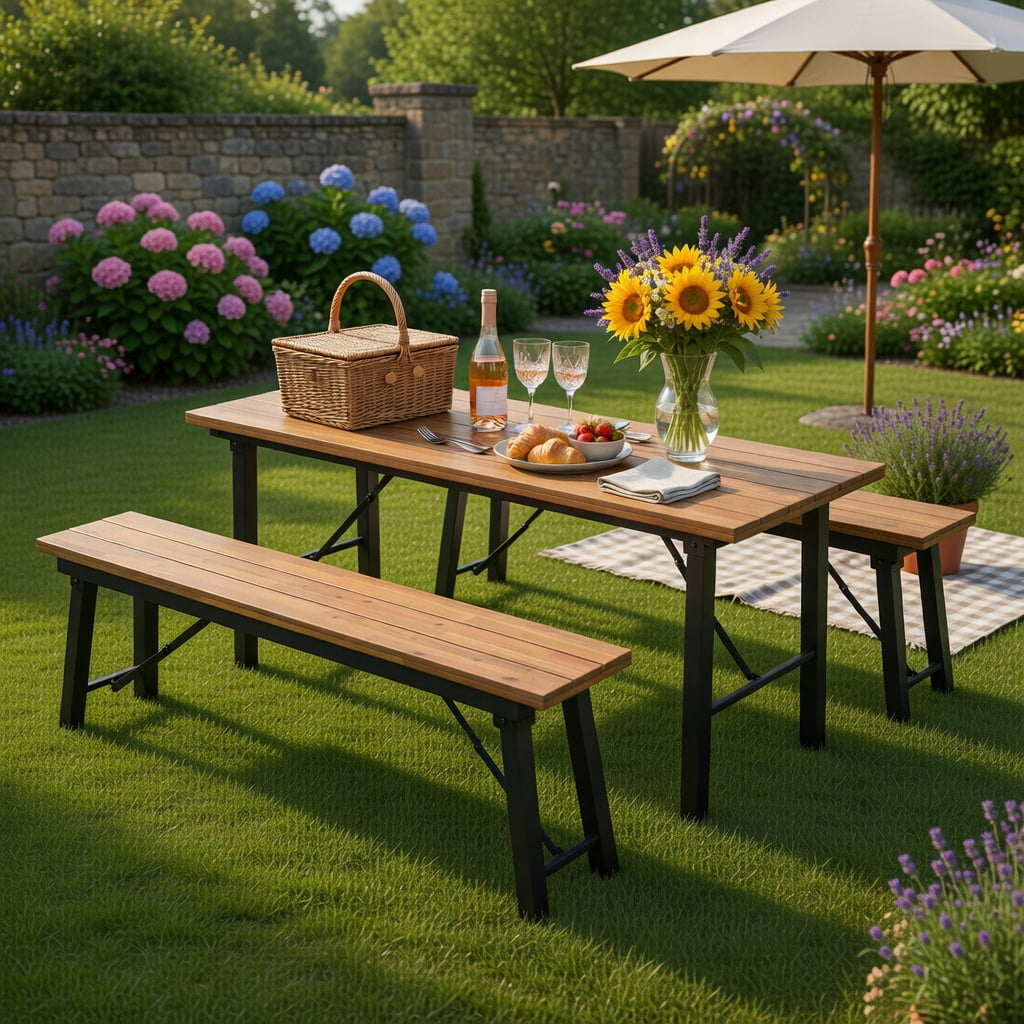 Hommoo Acacia Wood Folding Picnic Table with Rust-Resistant Metal Frame, Compact Outdoor Dining Table for 6, Indoor/Outdoor Use, Natural