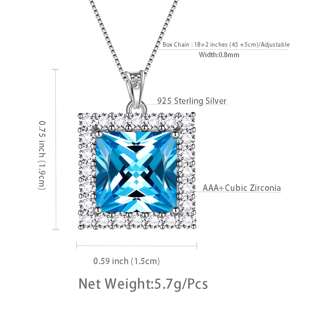 6 Carat March Birthstone Necklace Aquamarine Pendant Princess Cut Blue CZ 925 Sterling Silver Jewelry Women Birthday Xmas Mother's Day Gifts Juwaliy