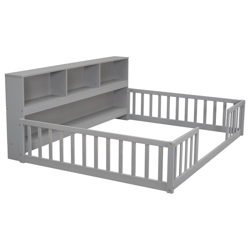 Mirightone Full Size Floor Bed with Rails, Wood Montessori Floor Bed with Bookcase and Shelves, Full Bed Frame, Gray