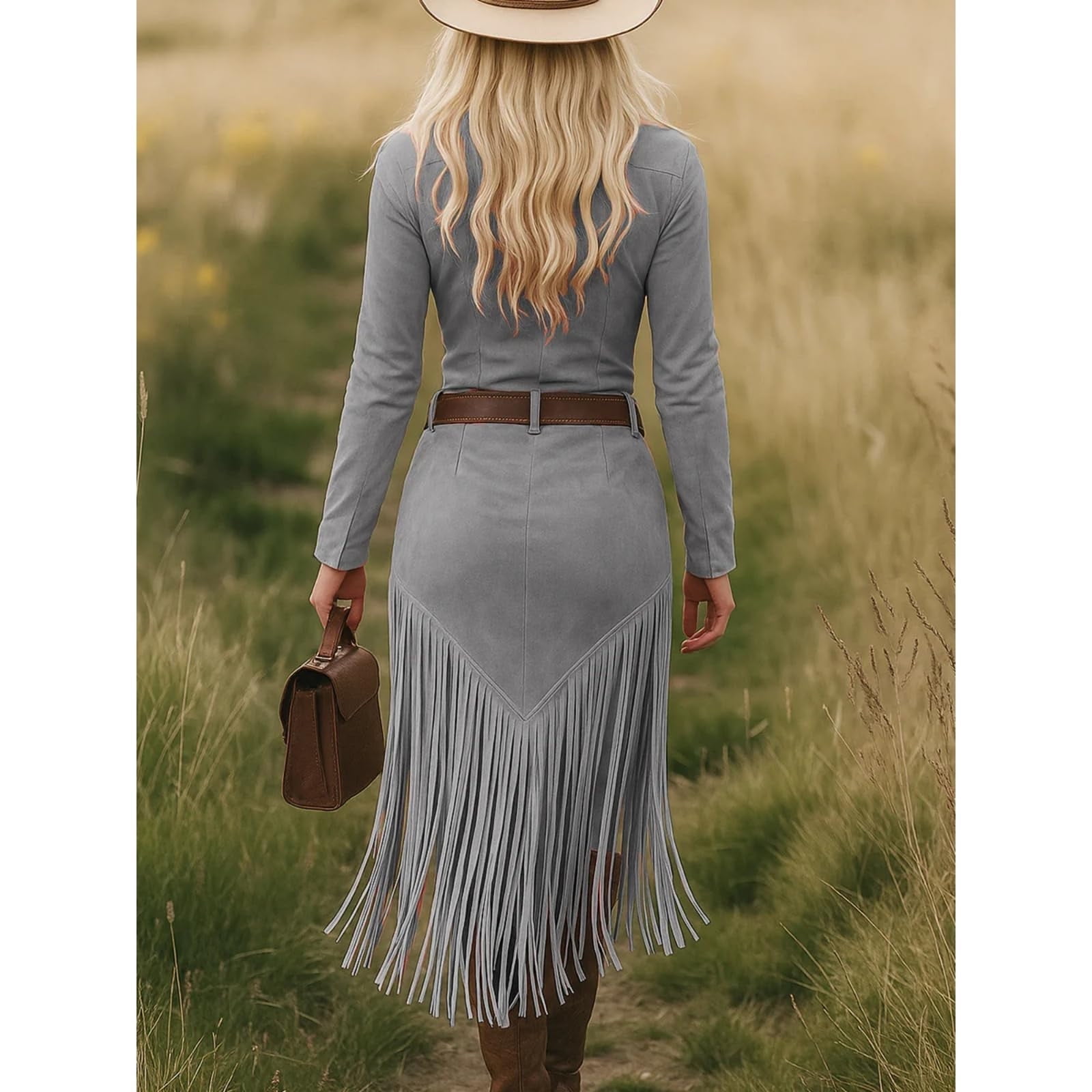Hueook Black Western Dress Trendy Women's Solid Color Long Sleeved Lapel Turndown Collar Tassel Zipper Western Style Dress Casual Wear Dresses Gray L