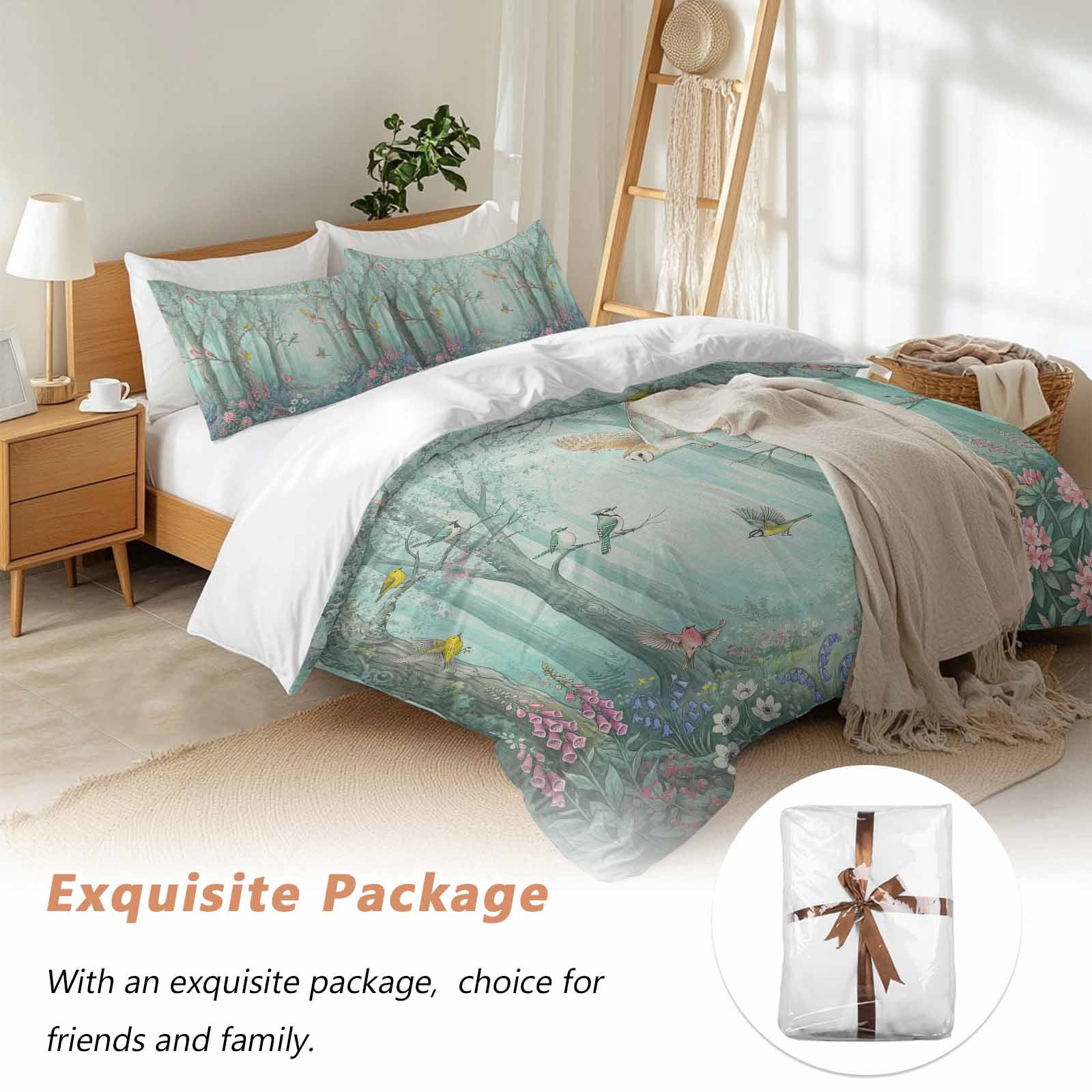 Watercolor Forest Birds Bedding 3 Piece Duvet Cover Set Full Size, Green Trees Seasonal Floral Soft Microfiber Comforter Cover with Zipper Closure & Pillowcases, Wrinkle & FadeResistant Quilt Cover