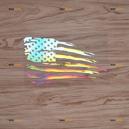 American Flag Sticker Decal Vinyl Distressed Tattered - Holographic Iridescent 8" - Fit For Ford Chevy GMC Toyota Jeep Car Pickup Truck