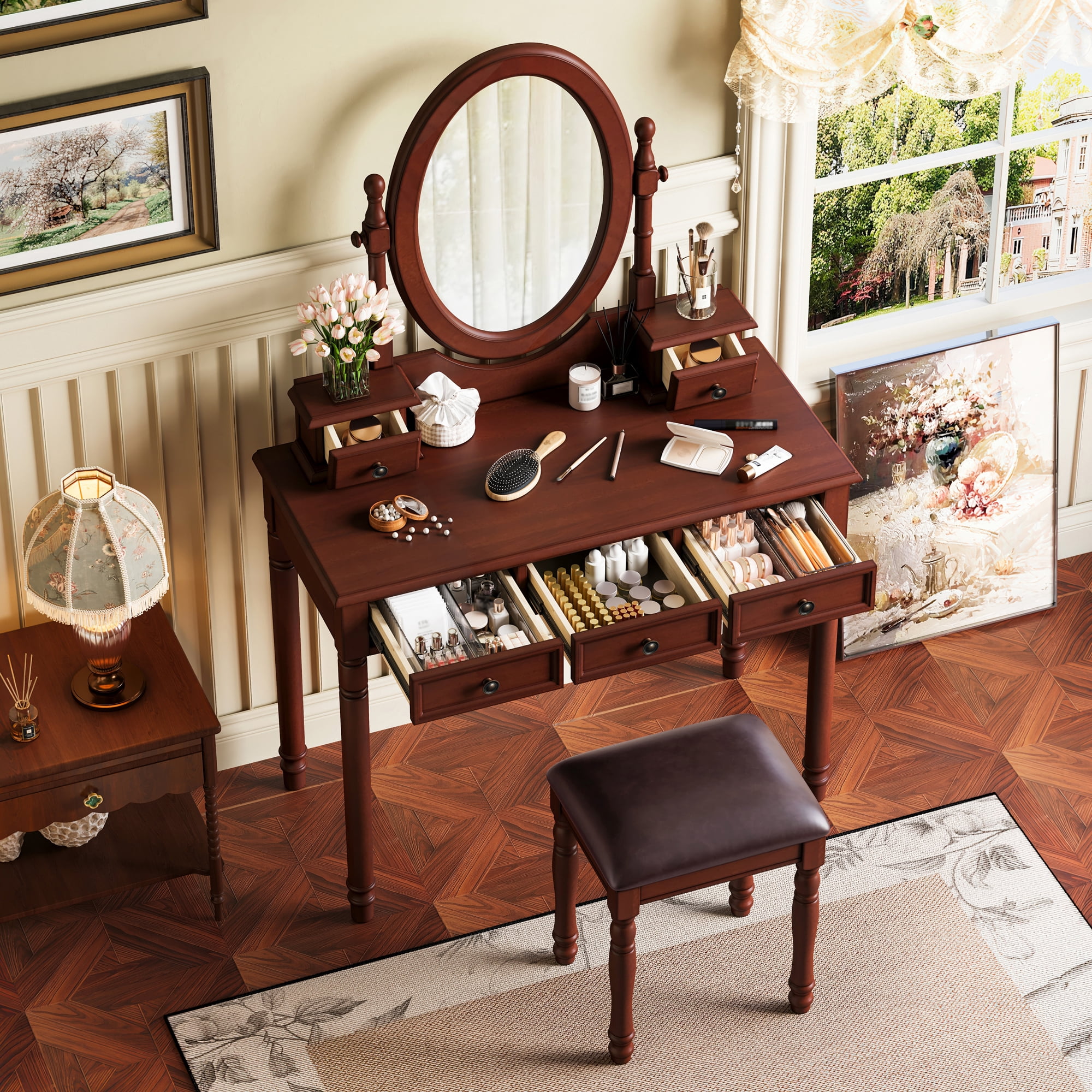 Euroco Vintage Wooden Vanity Desk Set with Adjustable Mirror, Cushioned Stool & 5 Velvet-Lined Drawers, Solid Wood Makeup Table with Oval Mirror and Carved Details
