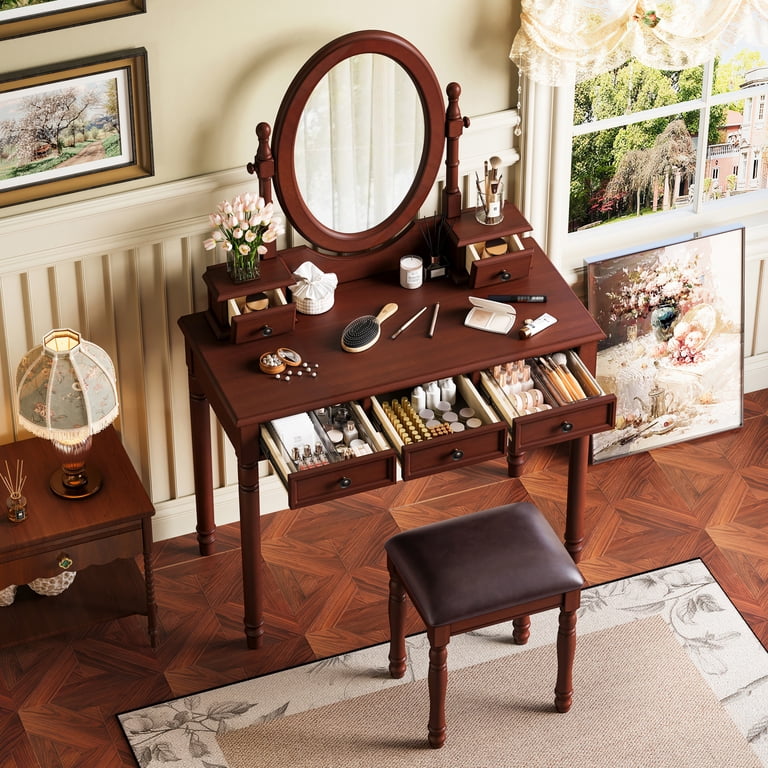Euroco Vintage Wooden Vanity Desk Set with Adjustable Mirror, Cushioned  Stool & 5 Velvet-Lined Drawers, Solid Wood Makeup Table with Oval Mirror  and ...