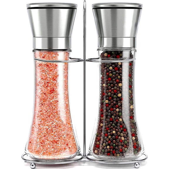 Salt and Pepper Grinder Set, Stainless Steel Manual Mills with Adjustable (2 Pack with Holder)