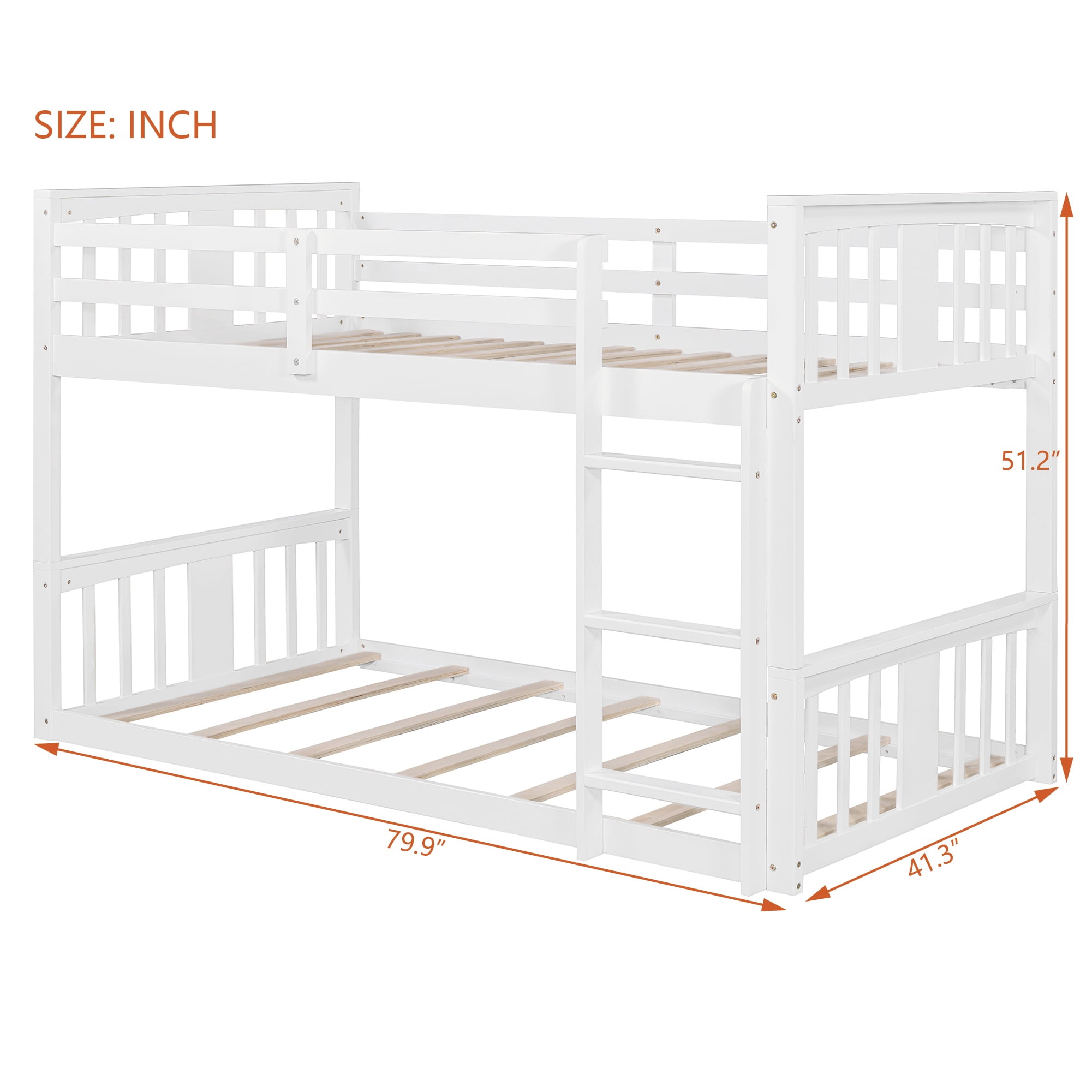 PORKISS Low Bunk Beds for Kids, New Upgraded Twin Over Twin Floor Bunk Bed with Ladder, Modern Bedroom Furniture Wood Bunk Bed for Boys Girls Teens, Easy Assembly, White