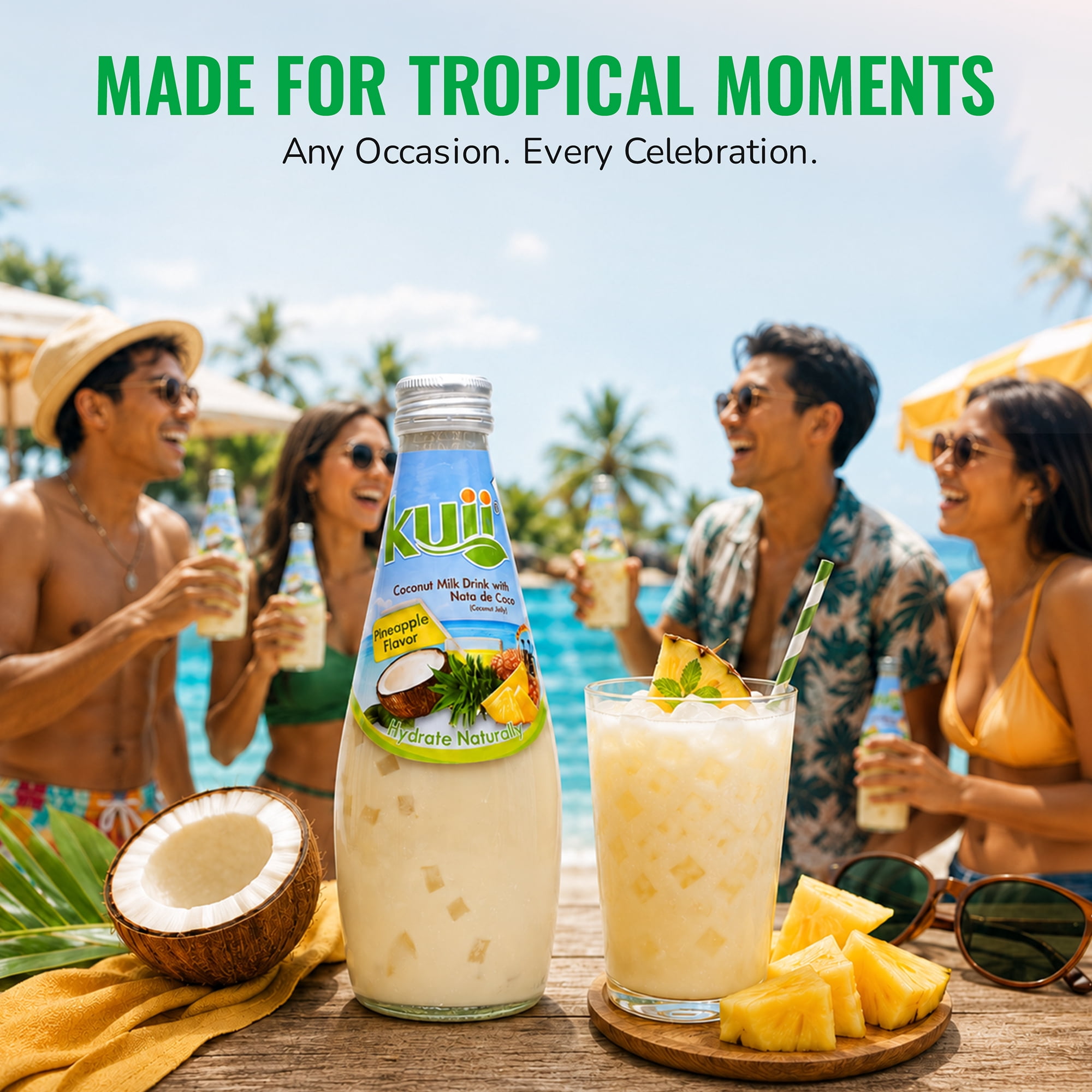 (7 pack) Kuii Drinks Coconut Milk with Nata de Coco, Pineapple, 290 mL Single Glass Bottle