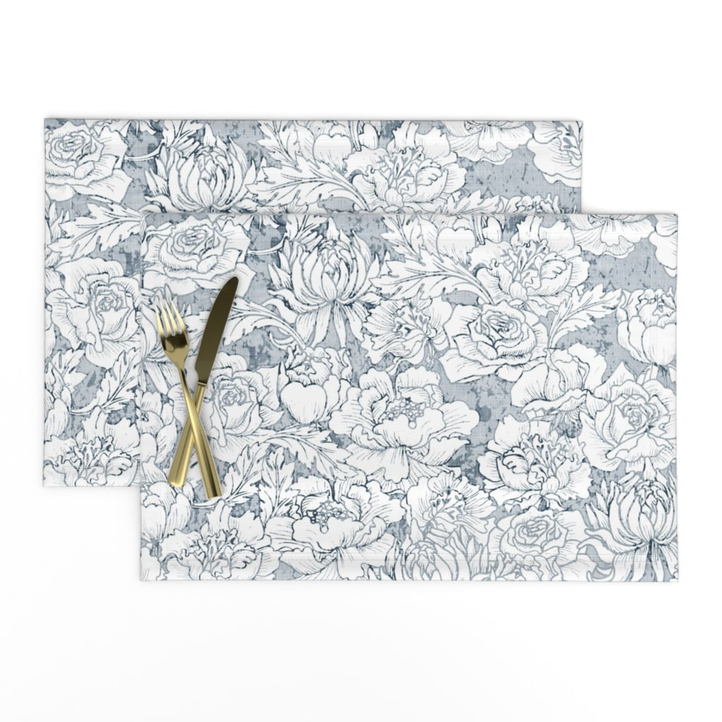 Linen Cotton Canvas Placemats (Set of 2) Bloom Duck Egg Blue Flowers Bouquet Peony Rose