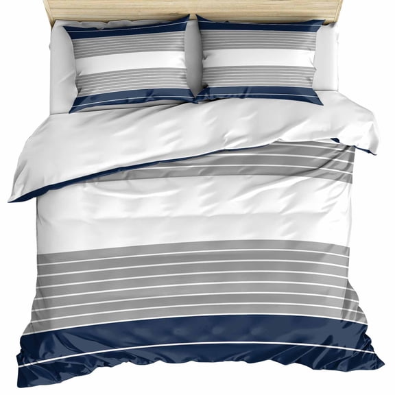 Navy Blue Grey Stripe Bedding 3 Piece Duvet Cover Set Queen Size, Modern Art Horizontal Striped Soft Microfiber Comforter Cover with Zipper Closure & Pillowcases, Wrinkle & FadeResistant Quilt Cover
