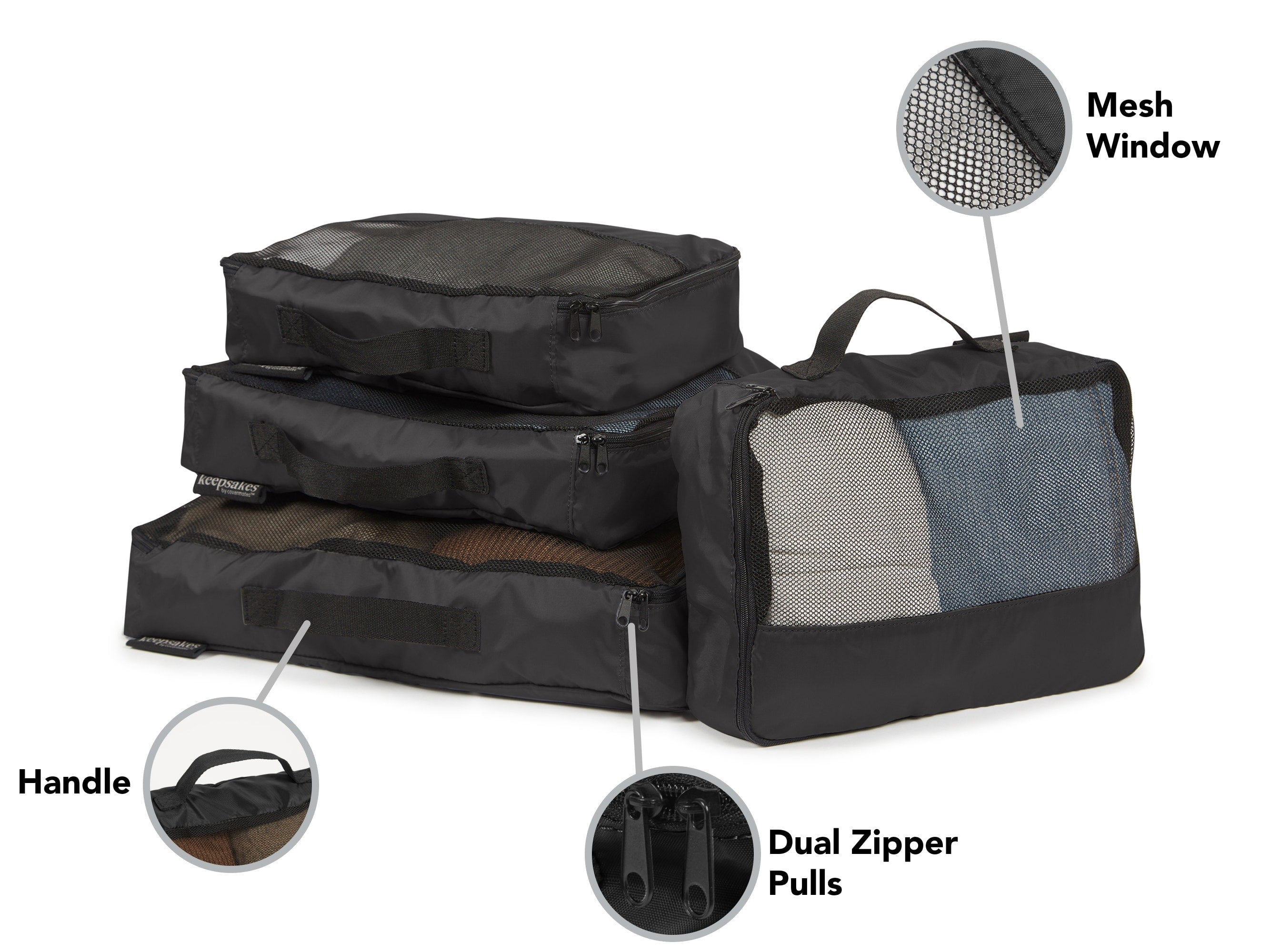 Covermates Packing Cube Set - Premium Polyester - Dual Zipper Pulls - Carrying Handle - Front Mesh Window - Travel Organization, Black