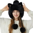 thumbnail image 2 of HNMKIU Hat for Women in Knit Wool Warm Earflap Style with Cute Cat Ears - Three Hair Fashion Winter for Outdoor Usages Black,M, 2 of 4
