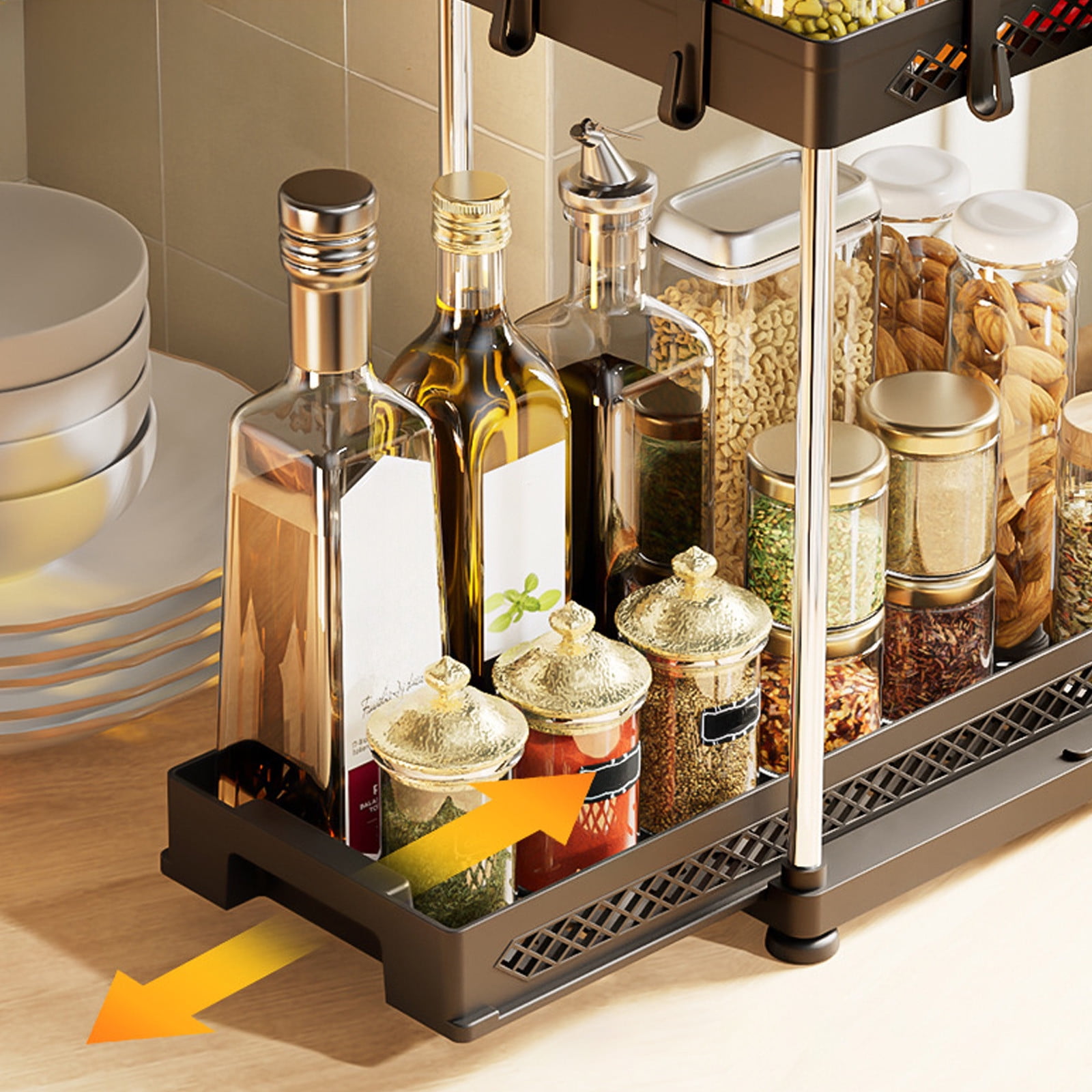Oggfader 2 Tier Under Sink Pull Out Organizer, Black Plastic Storage Rack for Kitchen Bathroom, Space Saving