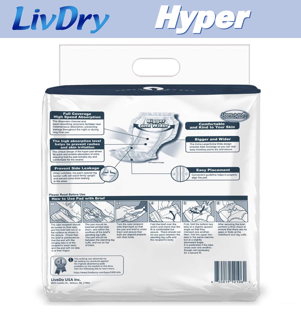 LivDry High Absorbency Pad Insert for Incontinence Briefs and Adult Diapers, Women and Men (Hyper 2400, 72-Pack)