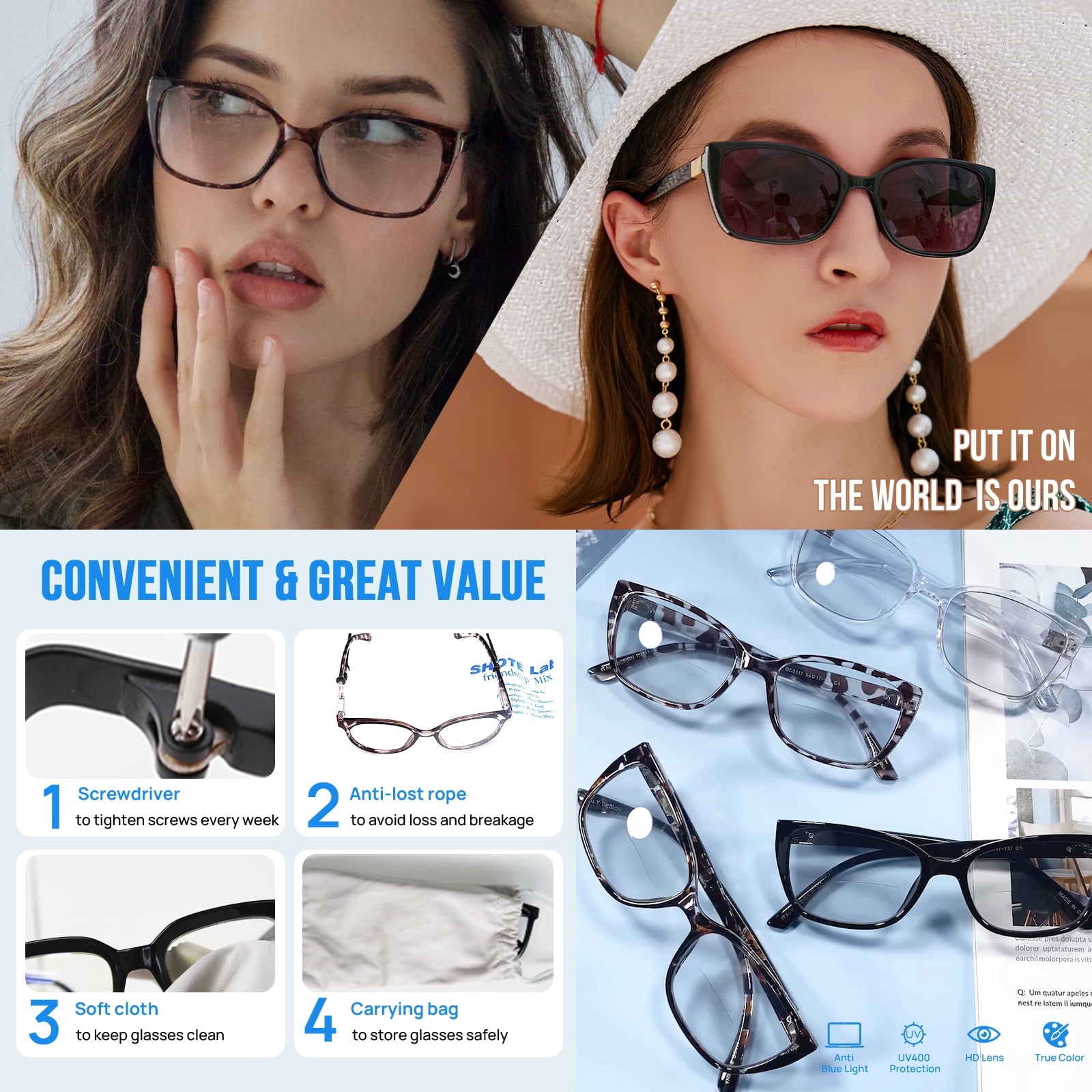 OCCI CHIARI Photochromic Bifocal Reading Glasses for Womens,Large Square Blue Light Blocking & UV400 Protection Sunglasses Readers 1.0 1.5 2.0 2.5 3.0 3.5 4.0(Black +200)