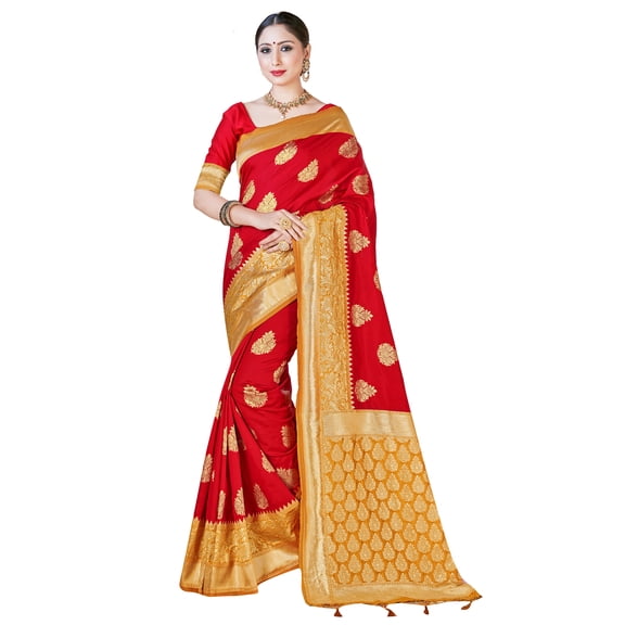 Sarees for Women Banarasi Art Silk Woven Sari - Indian Diwali Gift Rakhi Festival Saree with Unstitched Blouse Red