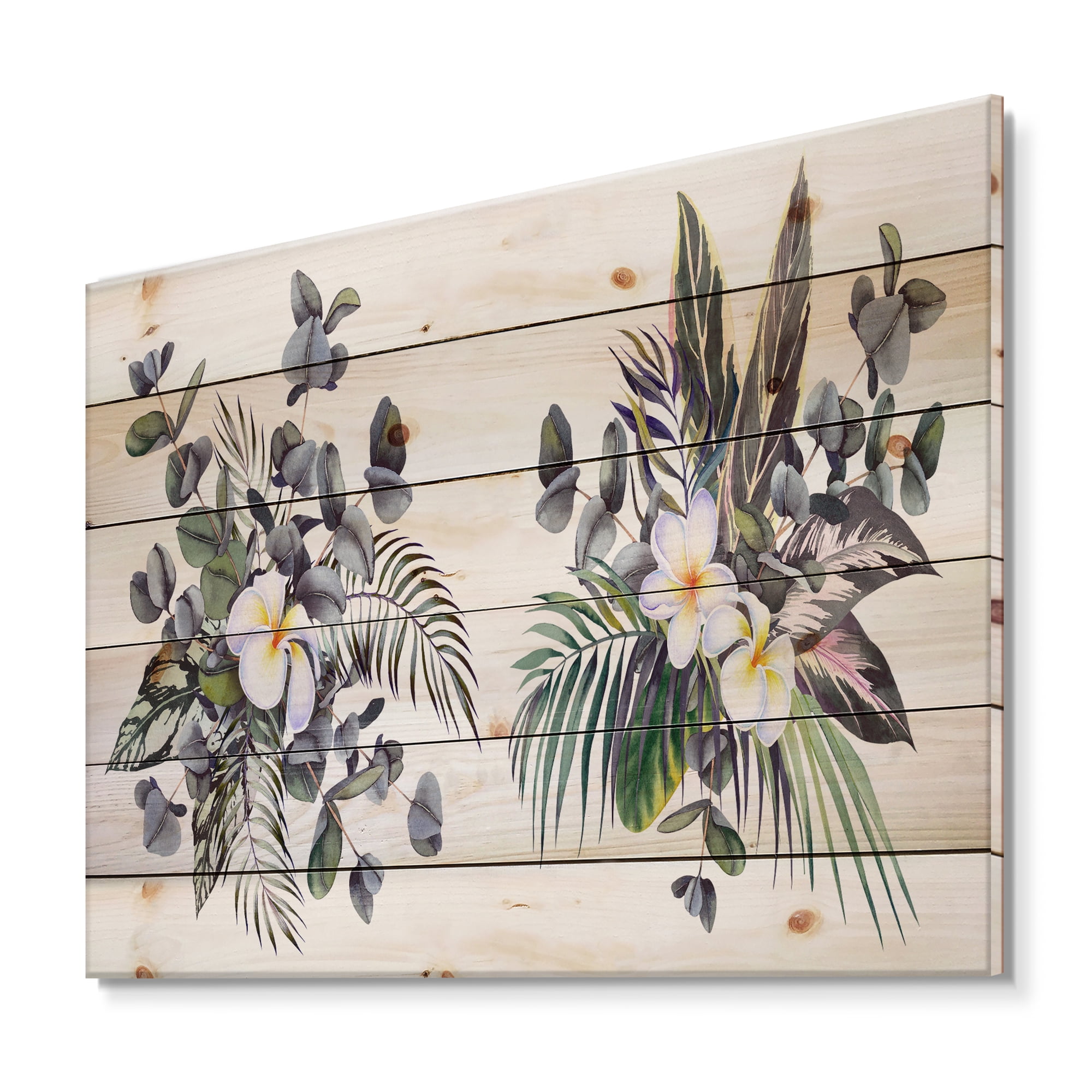Designart 'Plumeria Frangipani Flowers With Tropical Bouquets' Traditional Print on Natural Pine Wood