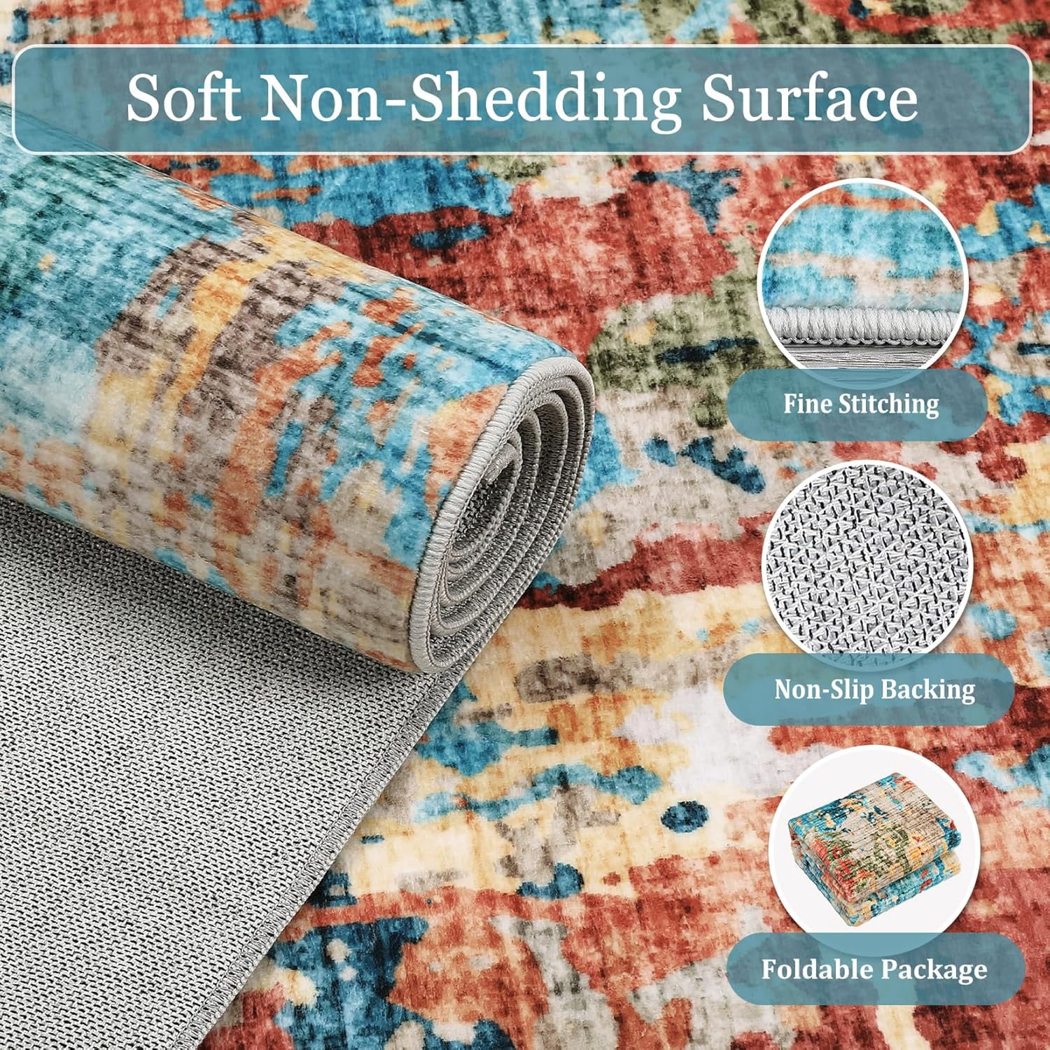 5x7 Blue Colorful Abstract Area Rug, Boho Washable Non-Slip, Non-Shedding Low Pile Throw Rug for Living Room, Bedroom, Dining Room (Blue Colorful).