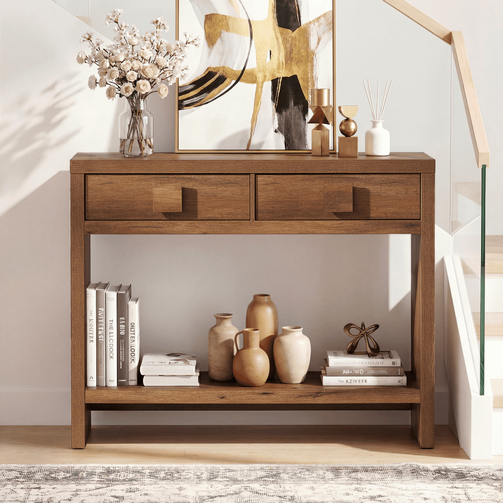 ROGALIS Console Table with Drawers, 40 Inch Narrow Entryway Table with Open Storage Shelves for Living Room