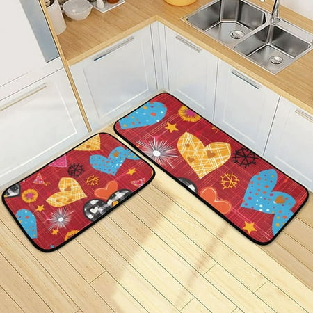

Colorful Hearts with Stars Kitchen Rugs Set Non Slip Mats Runner for Dining Room