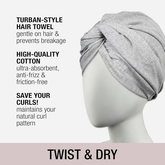 Cotton Twist & Wrap Hair Towel - Fast Drying Ultra absorbant Turban- for All Hair Types and Lengths - Grey