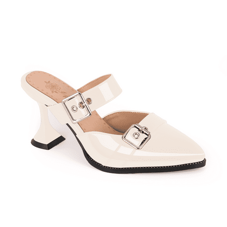 

YOWMNS Women s Slip On Buckle Strap Pumps Closed Pointed Toe Stiletto High Heels Patent Leather Casual Comfortable Mules Shoes (White 8)