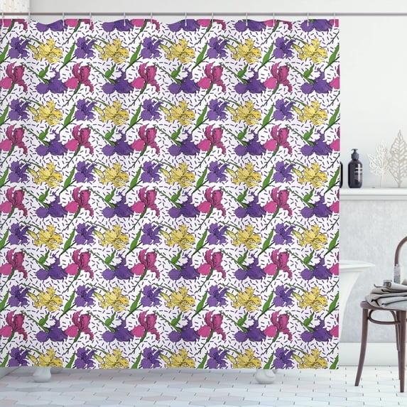 Purple and Yellow Shower Curtain, Ink Drawn Colorful Wild Spring Iris Flowers and Blots Composition, Fabric Bathroom Set with Hooks, 69W X 70L Inches, White Multicolor, by Ambesonne