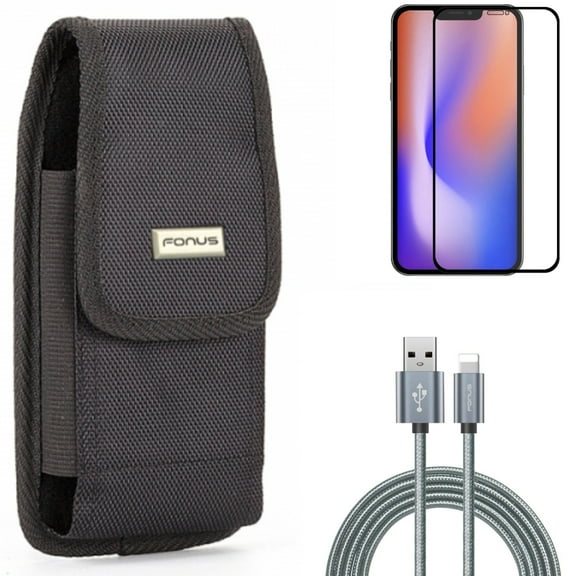 Screen Protector & 6ft USB Cable & Case Belt Clip for iPhone 13,Pro ONLY - Anti-Glare Tempered Glass Matte   Charger Cord Power Wire   Swivel Holster Rugged Combo
