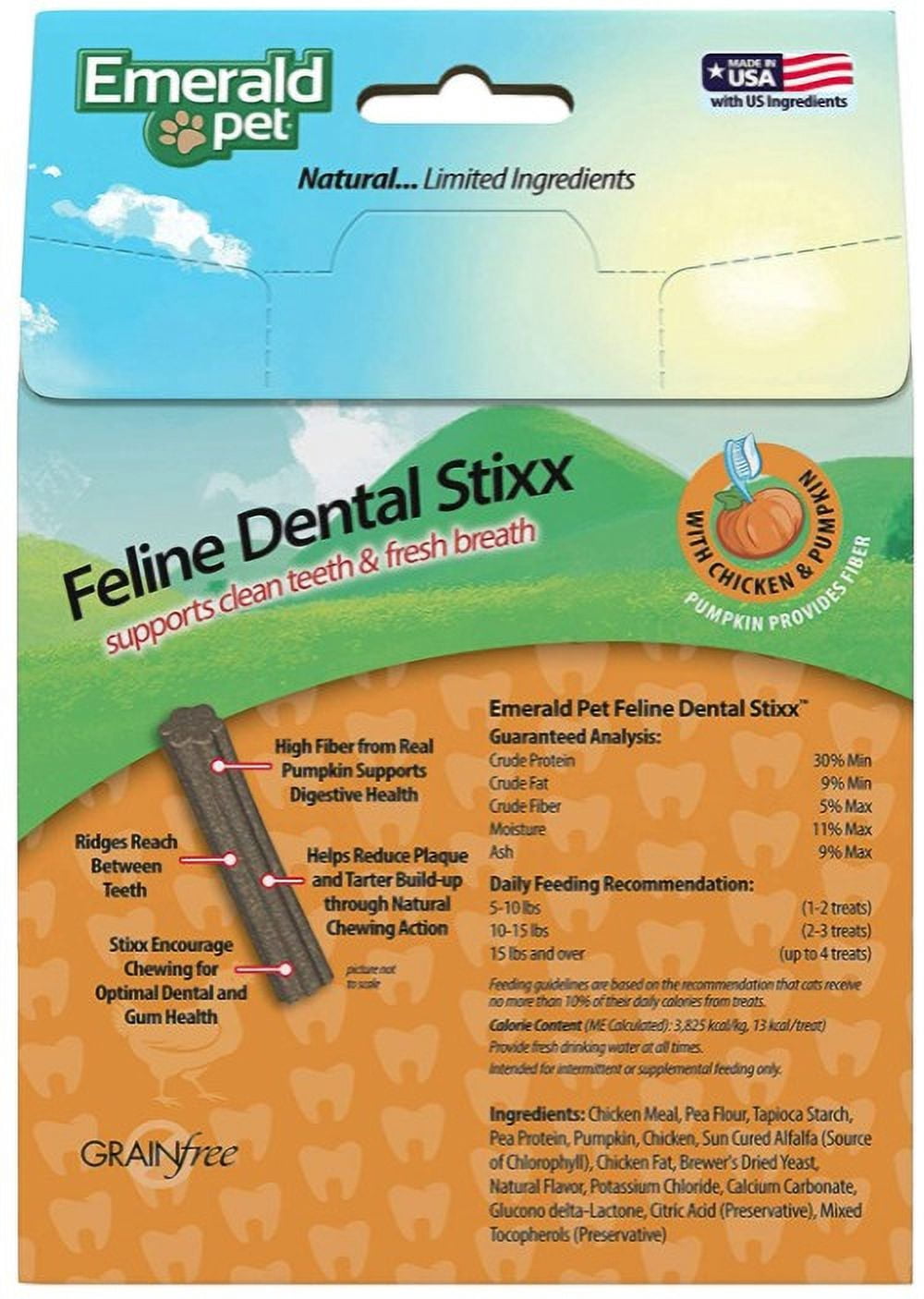 6 Pack Emerald Pet Feline Dental Stixx Chicken and Pumpkin Recipe [Cat Dental Treats, Bulk Cat Supplies, Emerald Pet] 21.6 oz (6 x 3.6 oz)
