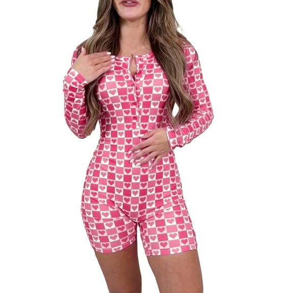 Hirigin Store Women's Autumn Short Pajamas Romper Long Sleeve Heart Print Fitted Jumpsuit Sleepwear