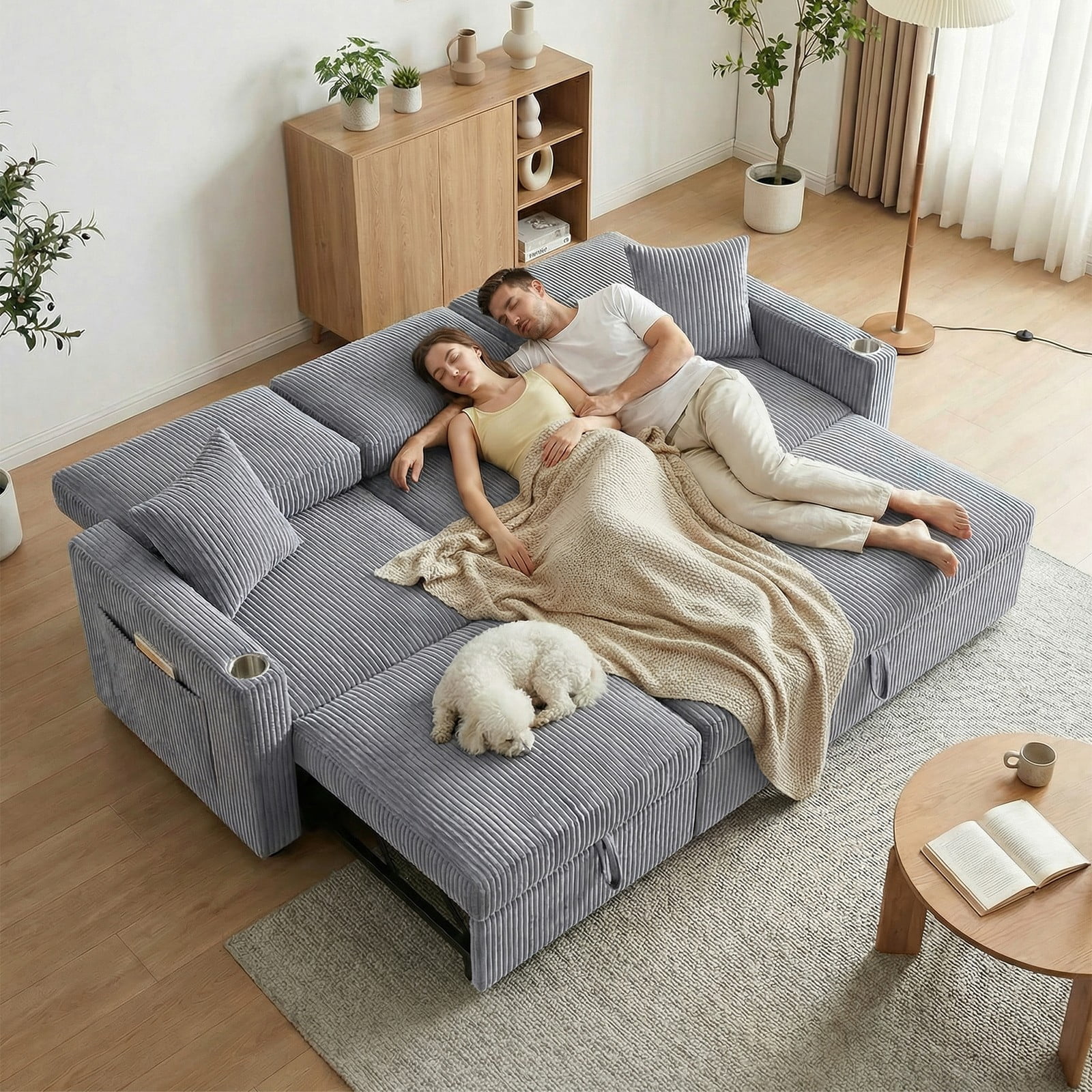 LLappuil Sectional Sofa, 84" Sectional Couch with Storage Chaise, Small Desktop, Cup Holders, Charging Port Convertible Sofa Bed, Corduroy Pull Out Sofa Bed for Living Room Gray