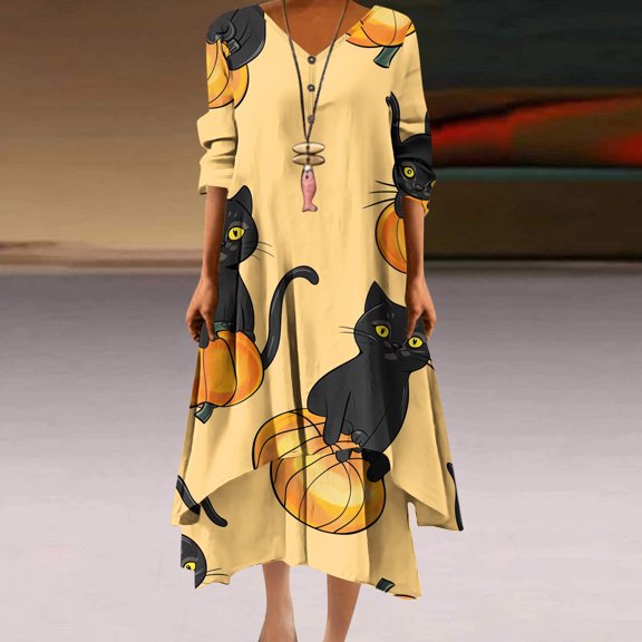 Fartey Plus Size Halloween Maxi Dresses for Women 2025 Trendy Button V Neck 3/4 Sleeve Dress Casual Flowy Irregular Layered Hem Dress Cute Pumpkin Print Dresses