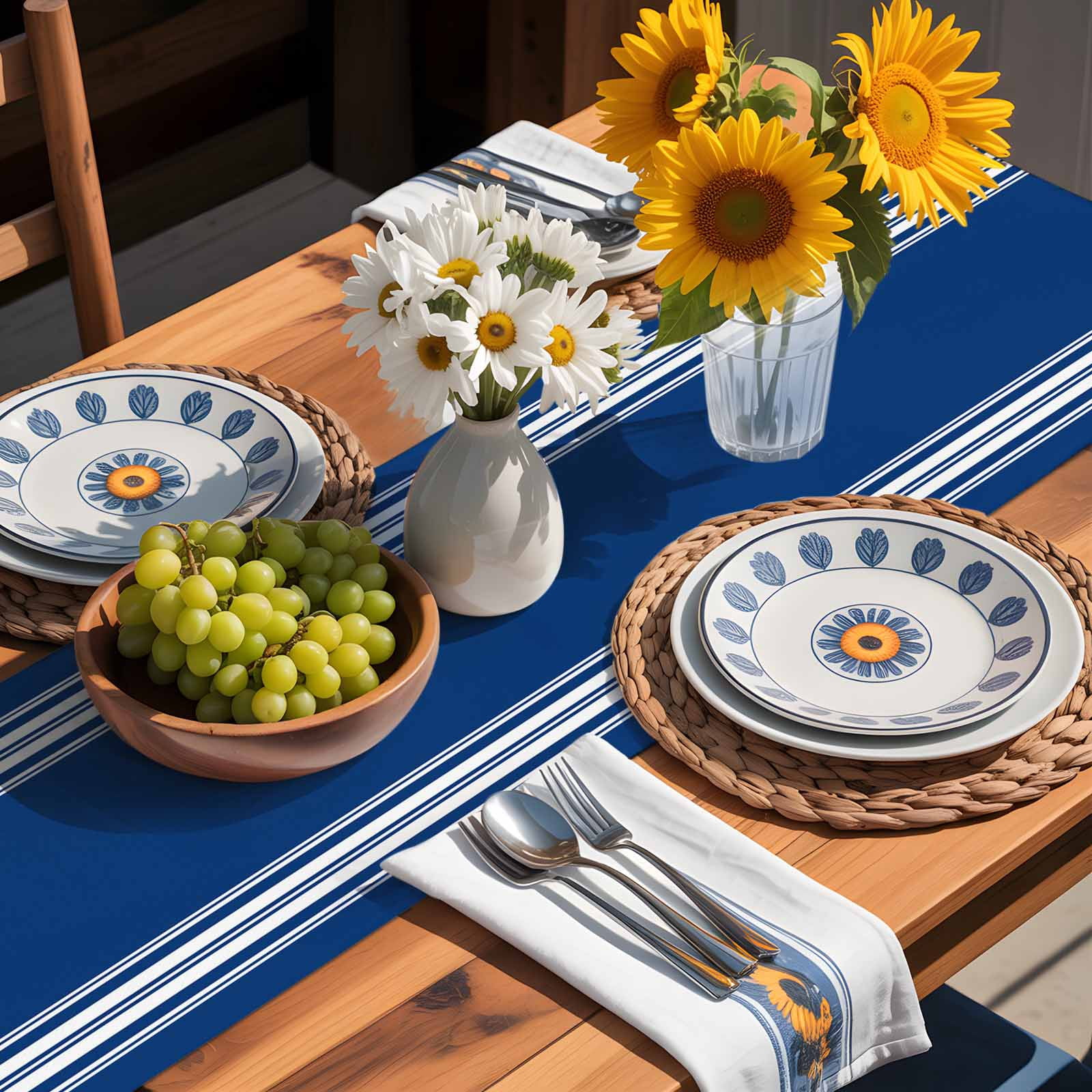 Nautical Navy Blue White Stripes Table Runner 90 Inches Long, Country Farmhouse Style Table Runners Tabletop Scarf Kitchen Dining Tables Decoration for Home Party Indoor Outdoor