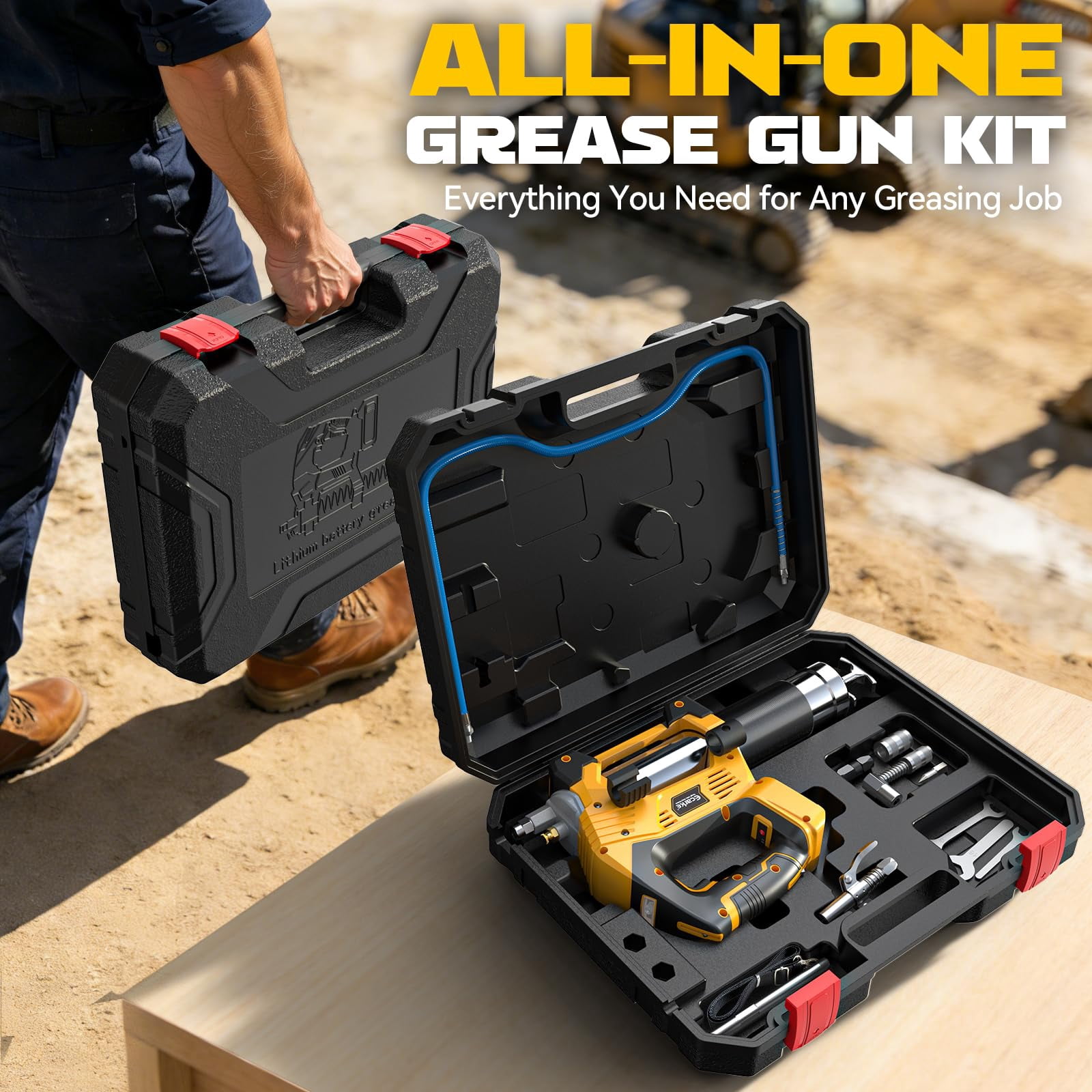 Cordless Grease Gun Compatible with DeWalt 20V Battery, 12000PSI Max Electric Grease Gun, Dual Pistol & in-Line Grip, Works with Bulk & Cartridge Grease, with 39" Hose & 4 Couplers (Tool Only)