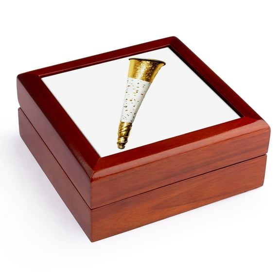 3dRose, White and Image Of Gold New Years Eve Party Horn, Jewelry Box 5.5x5.5 inch with 4 inch tile