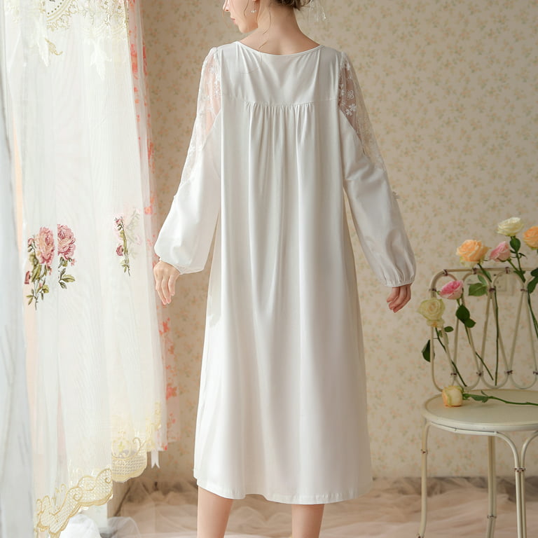 Homgro Women's Long Sleeve Pajamas Victorian Nightgown Cute Vintage Soft  Cotton Nightgowns White Medium