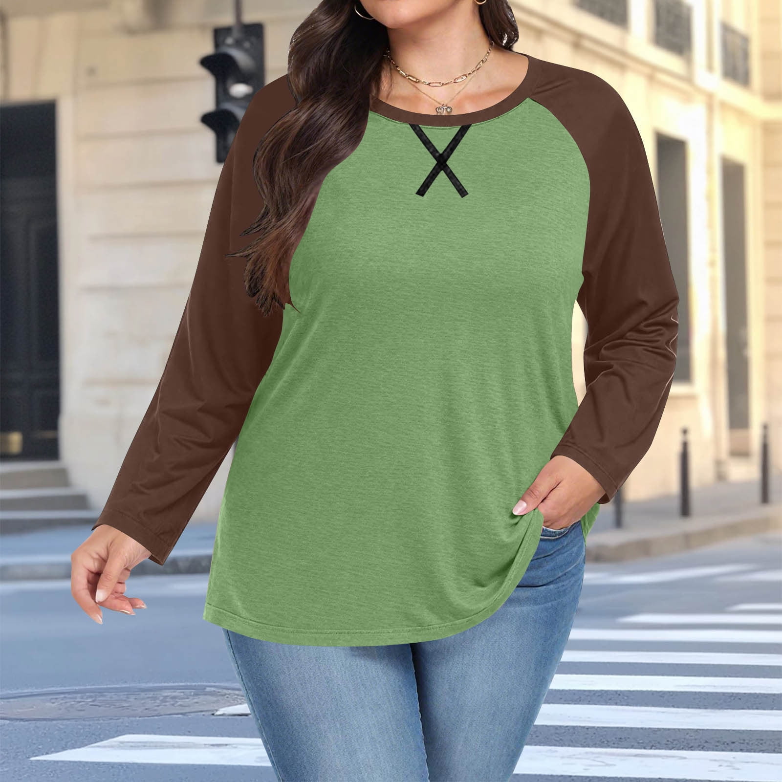 aohooy Womens Plus Size Long Sleeve Baseball Shirt Color Block Casual Loose Tees Tshirts Spring Round Neck Loose Fit Tunic Tops Army Green,L