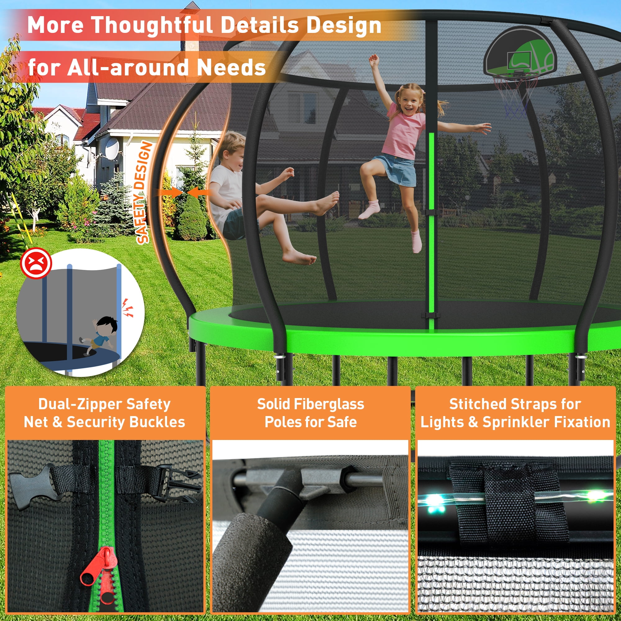 WOWLAND 10FT Trampoline for Kids and Adults 1000LBS Weight Capacity, Heavy Duty Outdoor Trampolines with Enclosure Net, Kids Trampoline with Basketball Hoop and Lights, Birthday Gift