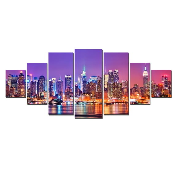 Startonight Huge Canvas Wall Art City Lights II, USA Large Home Decor, Dual View Surprise Artwork Modern Framed Wall Art Set of 7 Panels Total 39.37 x 94.49 inch