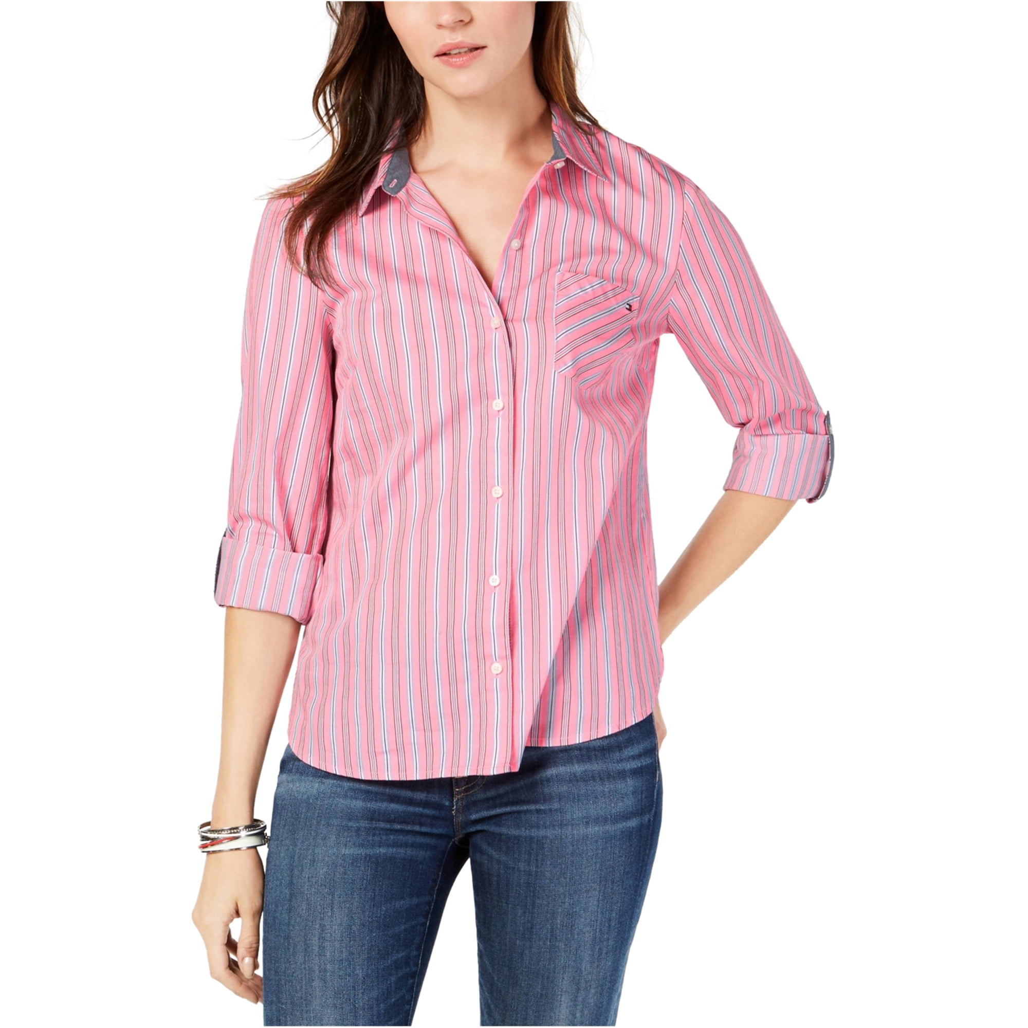 Tommy Hilfiger - Tommy Hilfiger Womens Striped Button Down Blouse, Pink
