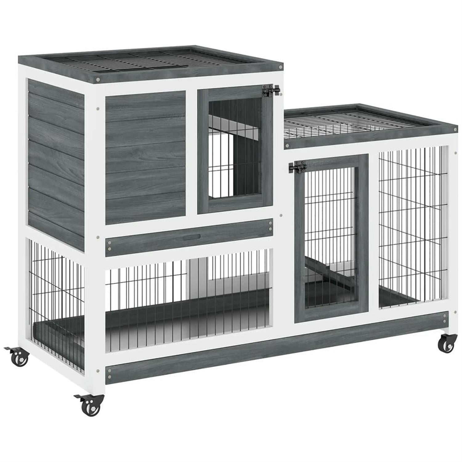 resenkos 43" 2-tier Wooden Rabbit Hutch with Wheels and Slide-out Tray, Outdoor Small Animal Habitat Chicken Coop Bunny Cage for Bunnies, Guinea Pigs, Gray