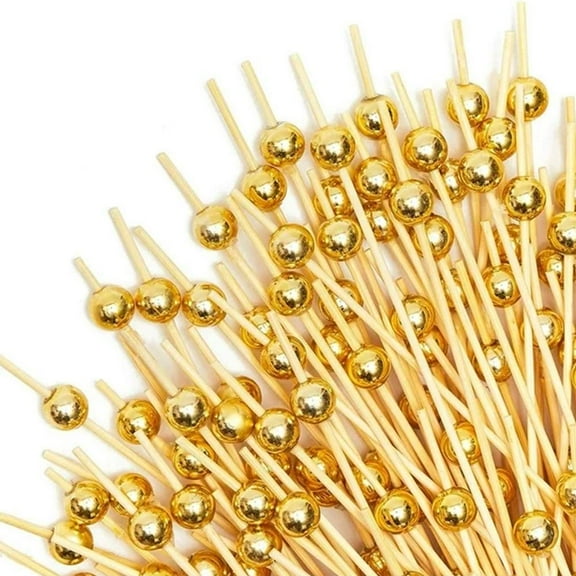 Gold Pearl Cocktail Picks, Bamboo Appetizer Toothpicks (4.7 Inches, 100 Pack)