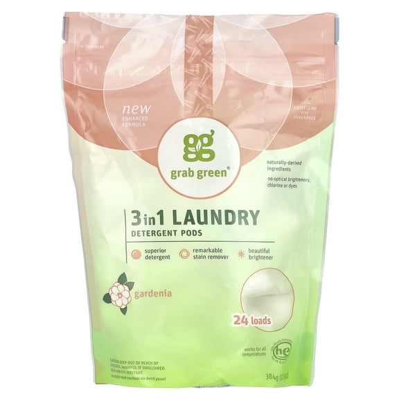 Grab Green 3-in-1 Laundry Detergent Pods, 24 Count, Gardenia Scent, Plant and Mineral Based, Superior Cleaning Power, Stain Remover, Brightens Clothes