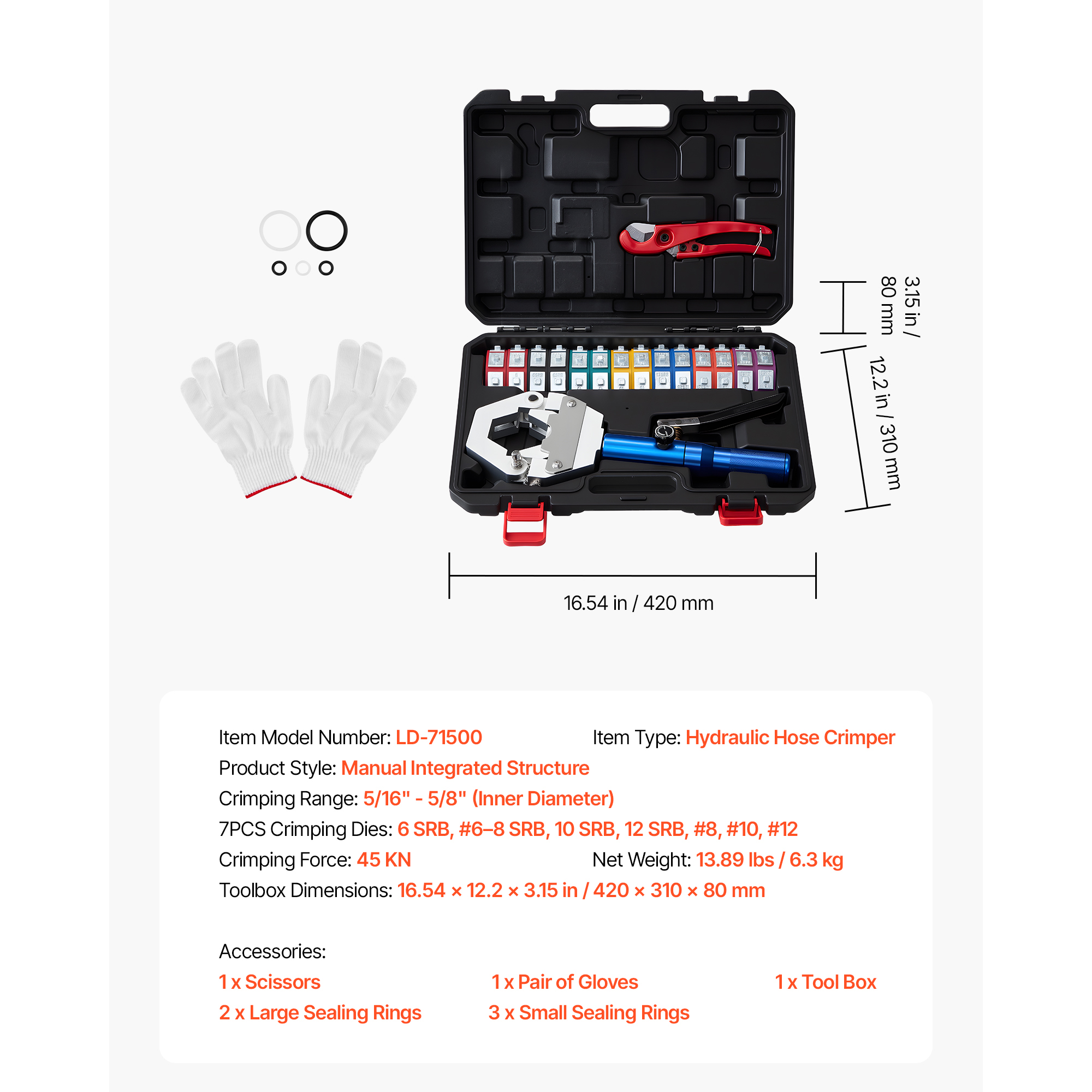 KFFKFF Hydraulic Hose Crimper Kit, Manual A/C Hose Crimping Tool with 7 Interchangeable Dies, Designed for Automotive and Air Conditioning Repairs - Includes Portable Carrying Case