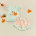 thumbnail image 2 of Zaveiop Toddler Baby Girl Halloween Outfit Little Baby Girls Summer Fall Clothes Ghost Pumpkin Embroidered Flying Sleeve Ruffled Hem Shirt Tops and Plaid Shorts 2 Piece Set Size 4-5 Years, 2 of 4