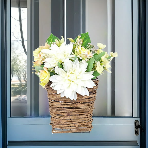 Peacheart 14" White Dahlia Door Hanger Basket Wreath, Artificial Spring Summer Flower Wreath for Indoor & Outdoor Farmhouse Home Front Door Decor