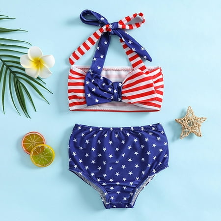 

Gubotare Summer Toddler Girls Bowknot Start Stripe Prints Two Piece Swimwear Swimsuit Bikini Set Swimsuit Two Piece with Shorts Blue 3-4 Years