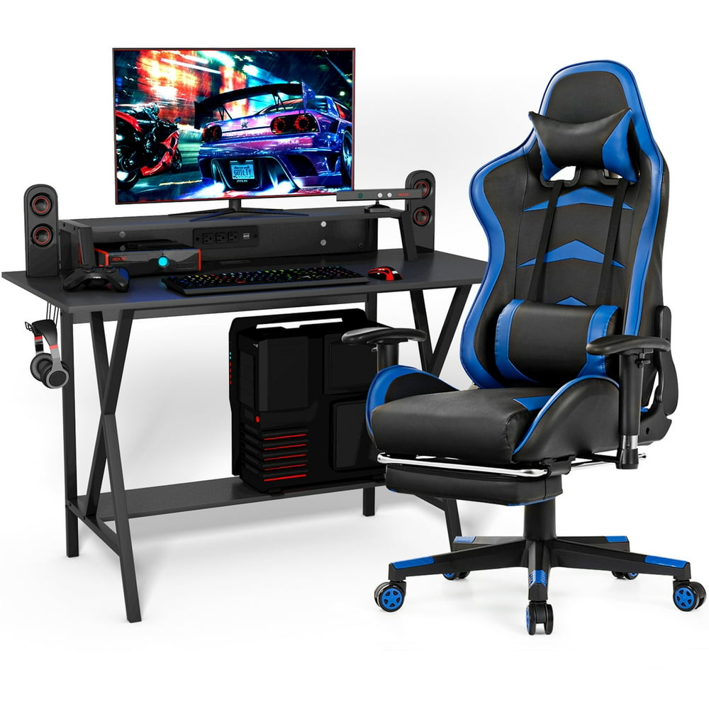 Gymax Gaming Desk&Massage Gaming Chair Set w/ Footrest Monitor Shelf
