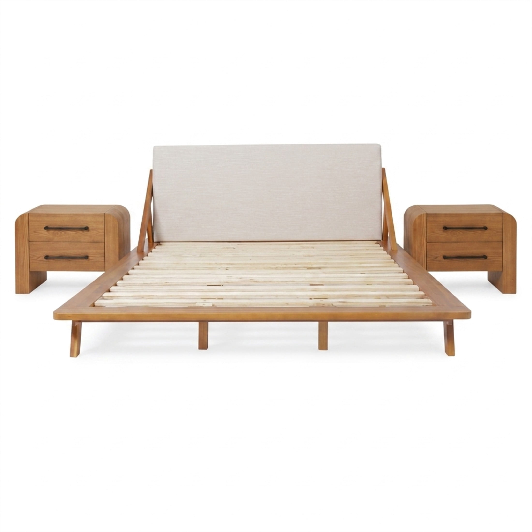 Christopher Knight Home Queen Wood Bed Frame with 2 Nightstands, Beige Upholstered Headboard, Natural