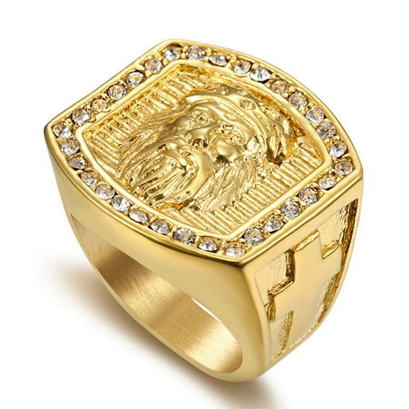 Hip Hop Jewelry Iced Out Jesus Cross Ring Gold 14K Yellow Gold Rings For Men Religious Jewelry Dropshipping Bague homme